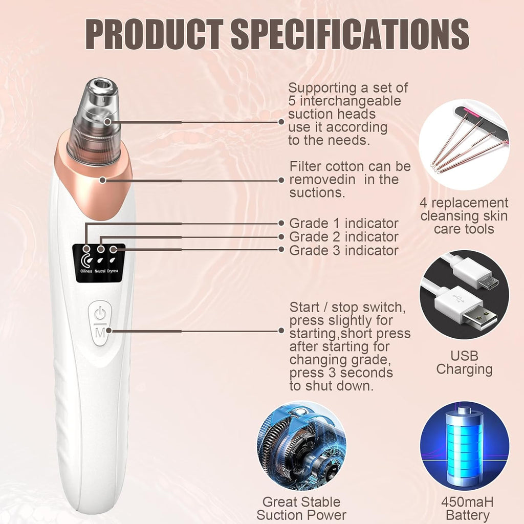 2026 Blackhead Remover Pore Vacuum,Facial Pore Cleaner-5 Suction Power,5 Probes,Usb Rechargeable Blackhead Vacuum Kit Electric Pore Vacuum Tool for Adult